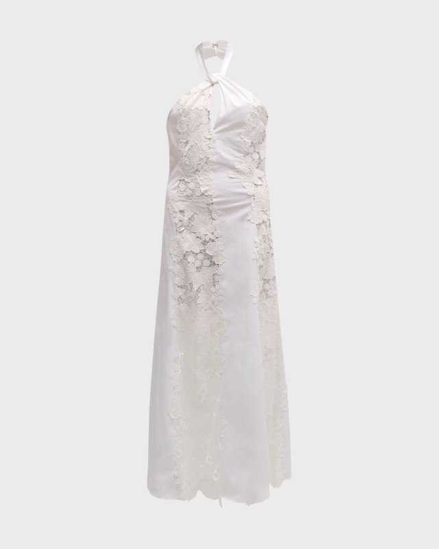 Botanical Guipure Paneled Poplin Halter Maxi Dress